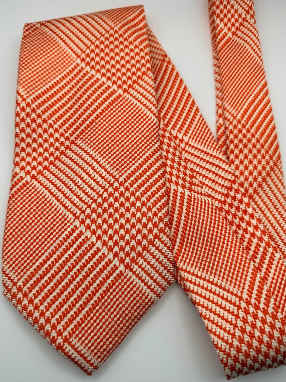 Ralph Lauren Purple Label Orange Cream Houndstooth Silk Tie 3.5”